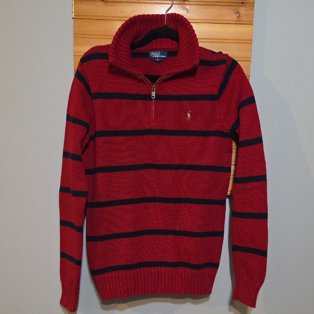 Ralph Lauren‎ Boys Red and Navy Striped Zip-Up Sweater Sz XL